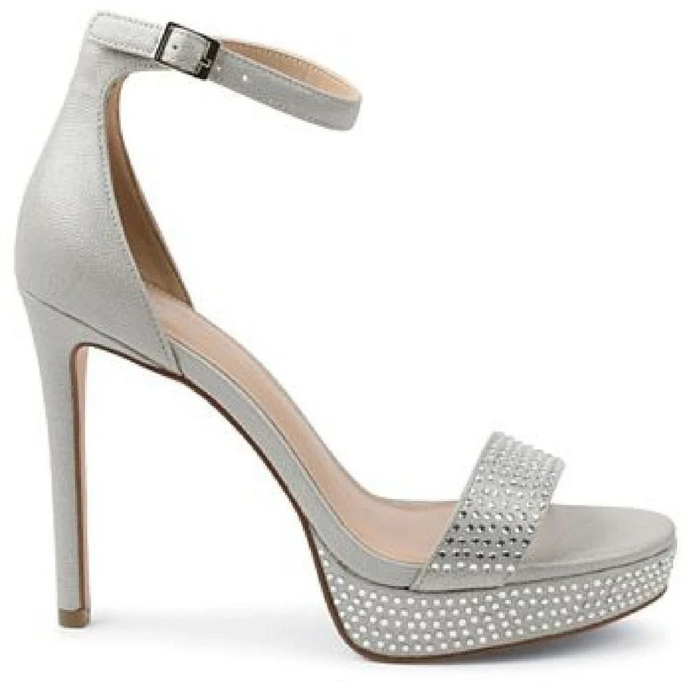 BCBGeneration Nallah Silver Rhinestone Platform Heels Ankle Strap Womens 9 Shoes